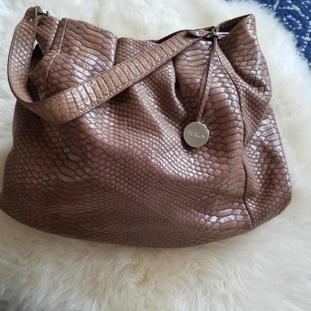 Furla Tan Croc Embossed Handbag